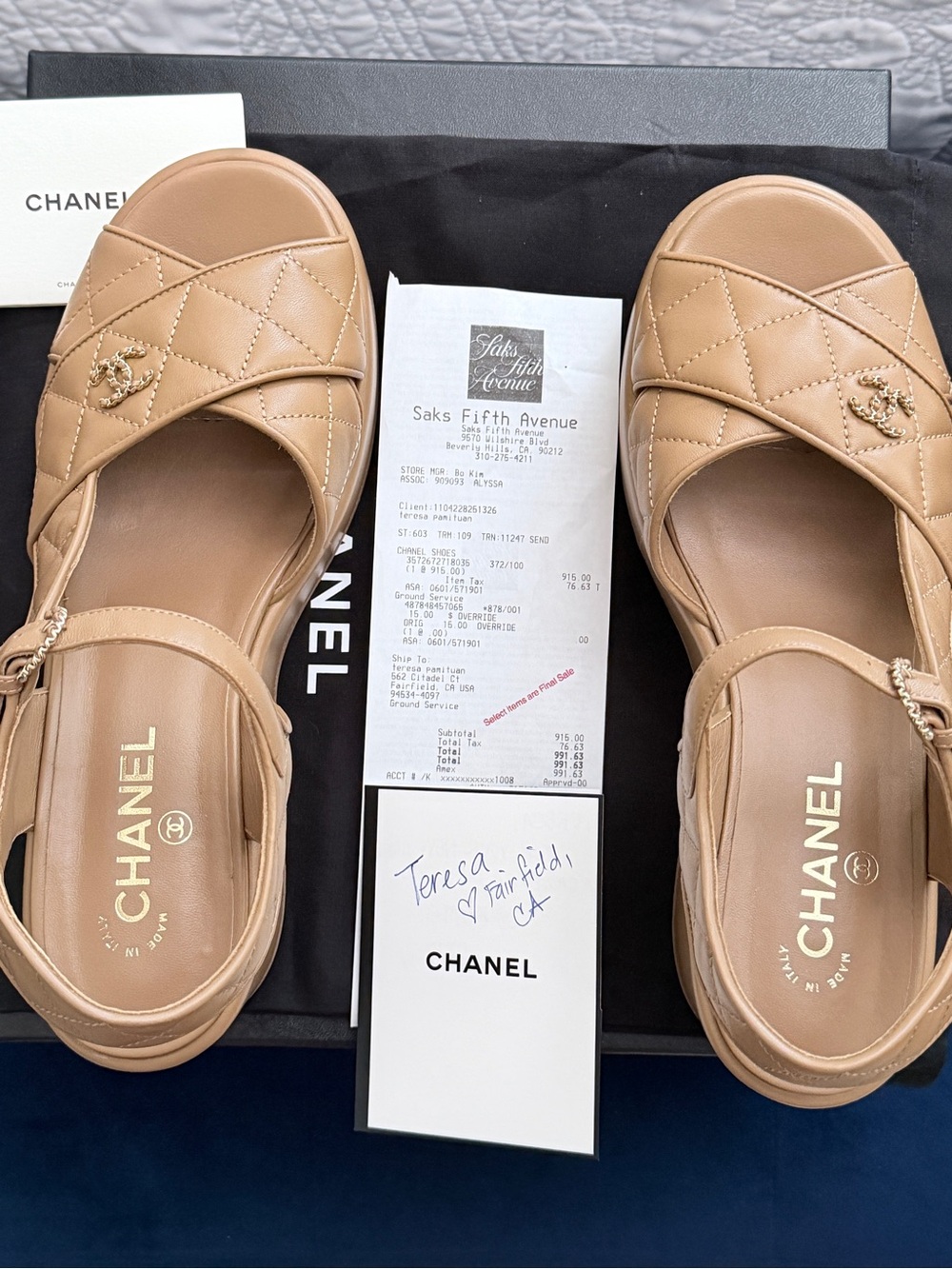 Authentic CHANEL Tan Quilted Leather Slingback Sandals with Gold CC size 41.5